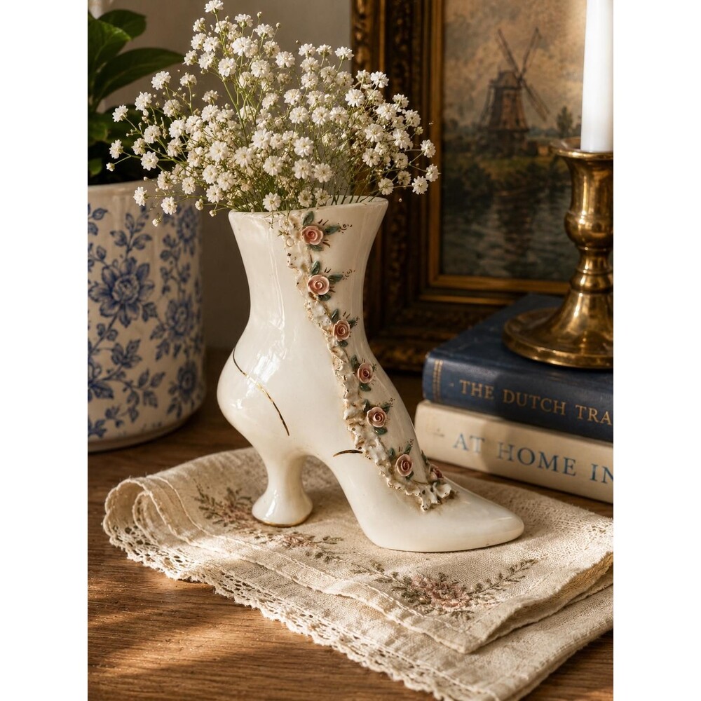 Vintage Ceramic Shoe Vase | Applied Pink Roses, Gold Accents, French Cottage Chi